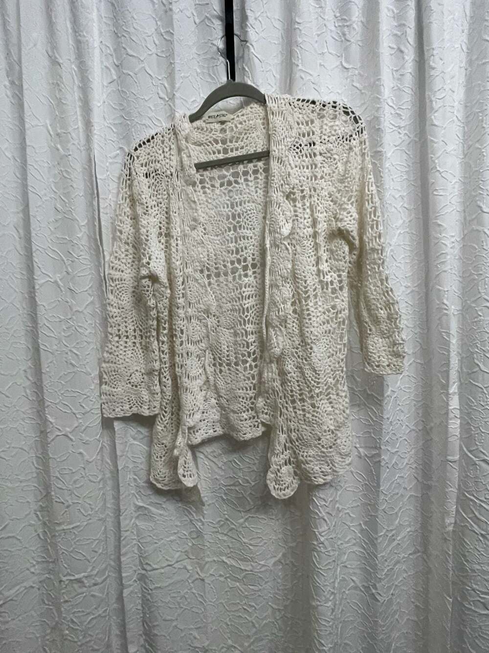 VTG White Stag Crochet Cardigan Cream Open Front Boho Knit Top 90s